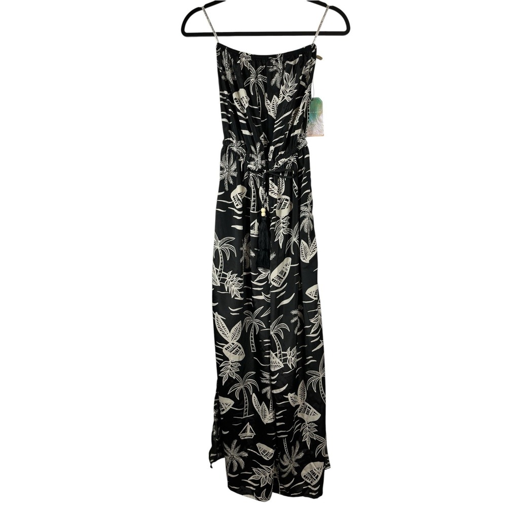 NWT True Destinations Sz S Jumpsuit Beach Coverup Black Cream Tropical Strapless